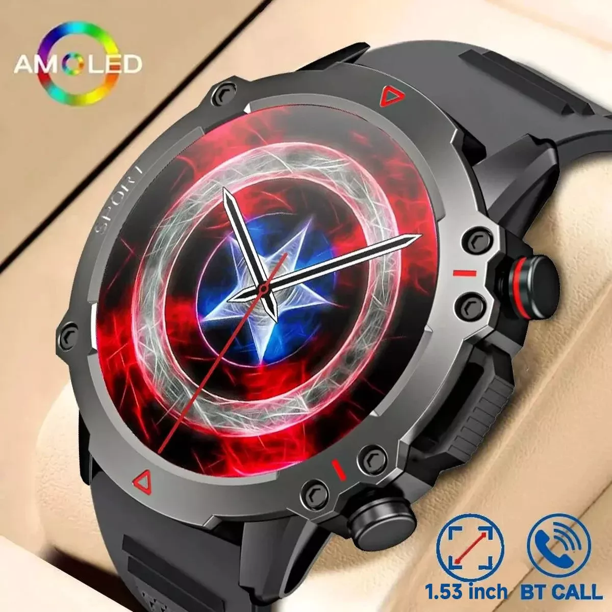 1.53 Inch AMOLED Smartwatch, Rugged Military, Fitness Tracker, Bluetooth Call