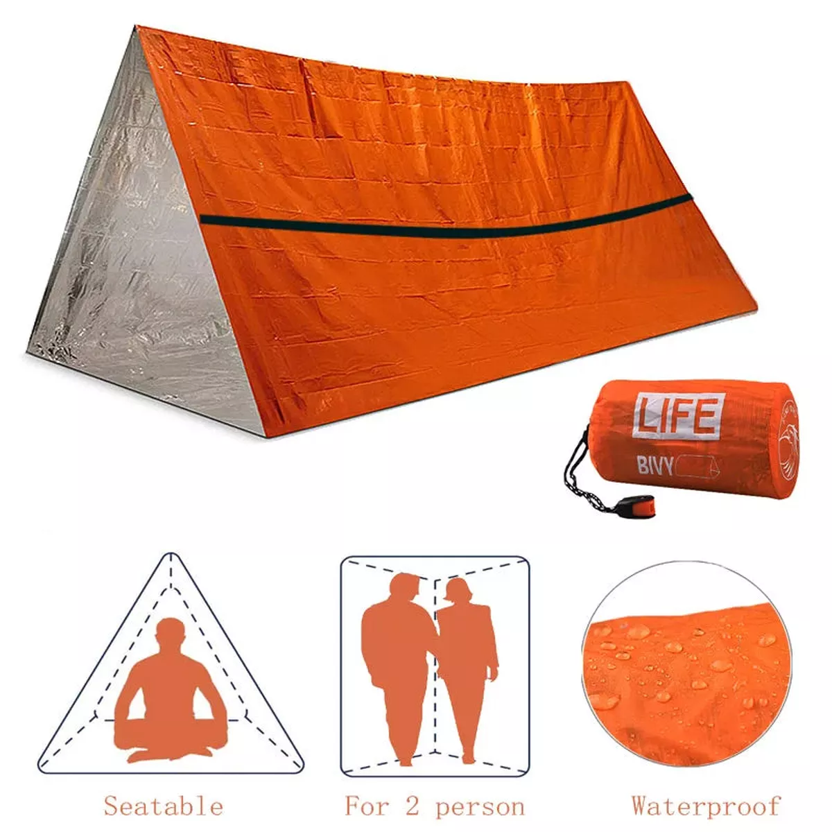 2-Person Emergency Shelter & Sleeping Bag Kit Waterproof Thermal Blanket, SOS Tube Tent, Whistle