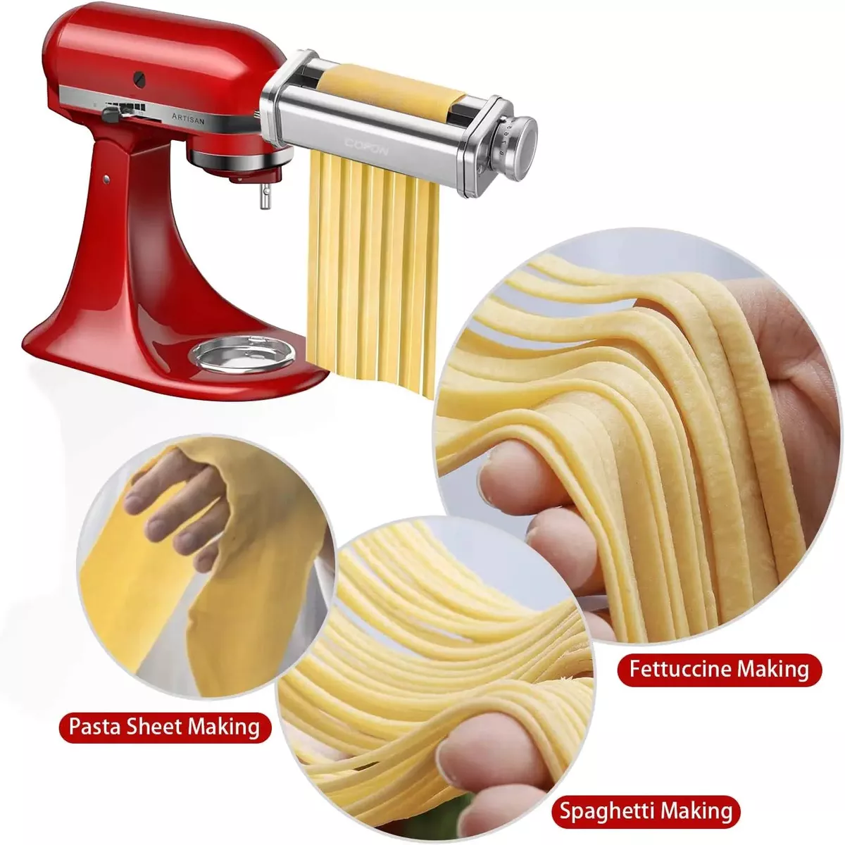 Alloy Steel Pasta Attachment for KitchenAid with Sheet Roller, Spaghetti and Fettuccine Cutter, Fits All KitchenAid