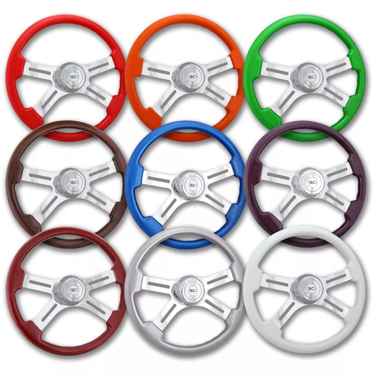 “Diesel” – 18″ Painted Wood Rim Steering Wheel w/ Polished Aluminum Spokes and Chrome Horn Button & Bezel