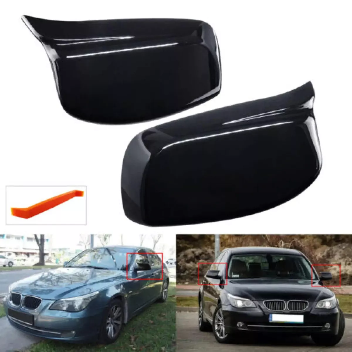 Mirror Cover Caps for BMW E60 E61 E63 E64 M Style Gloss Black ABS Plastic 2004 to 2007