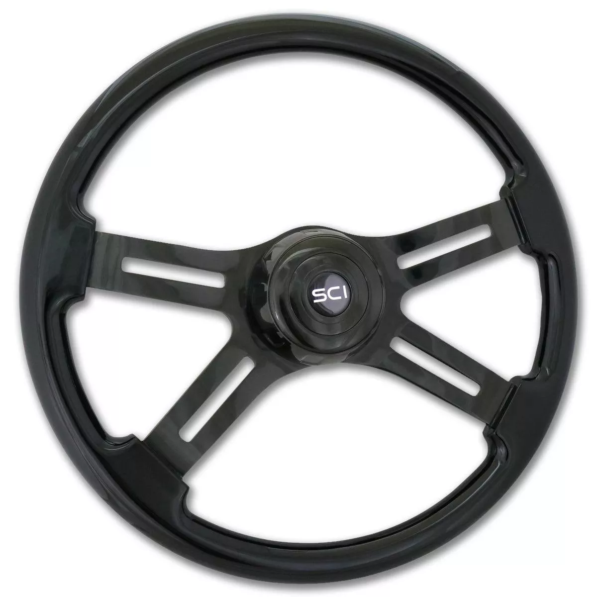 “Phantom” – 18″ Painted Wood Rim Steering Wheel w/ Black Chrome 4-Spokes