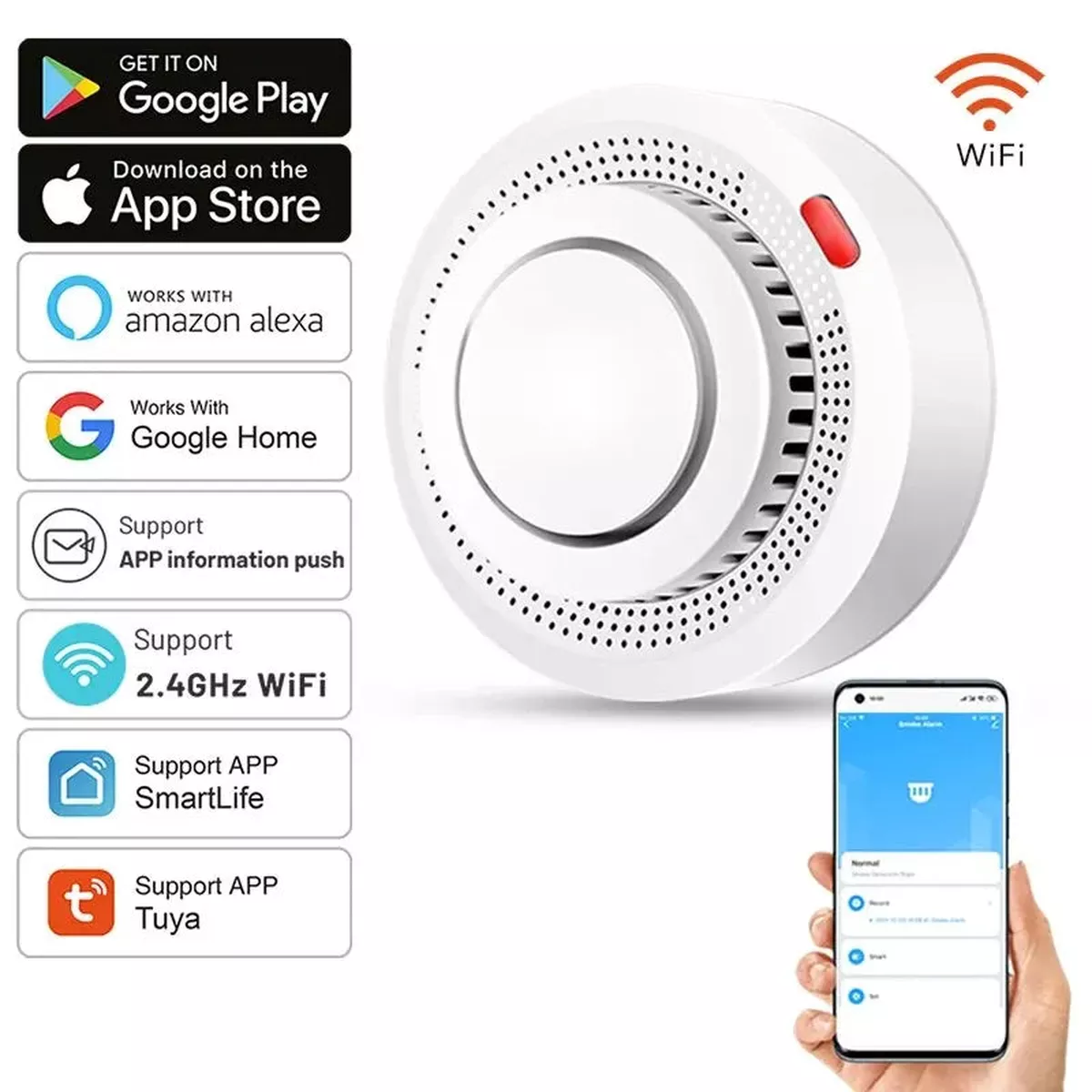 Smart Smoke Alarm with Google Assistant – CE Certified & WiFi-enabled for Comprehensive Fire Protection