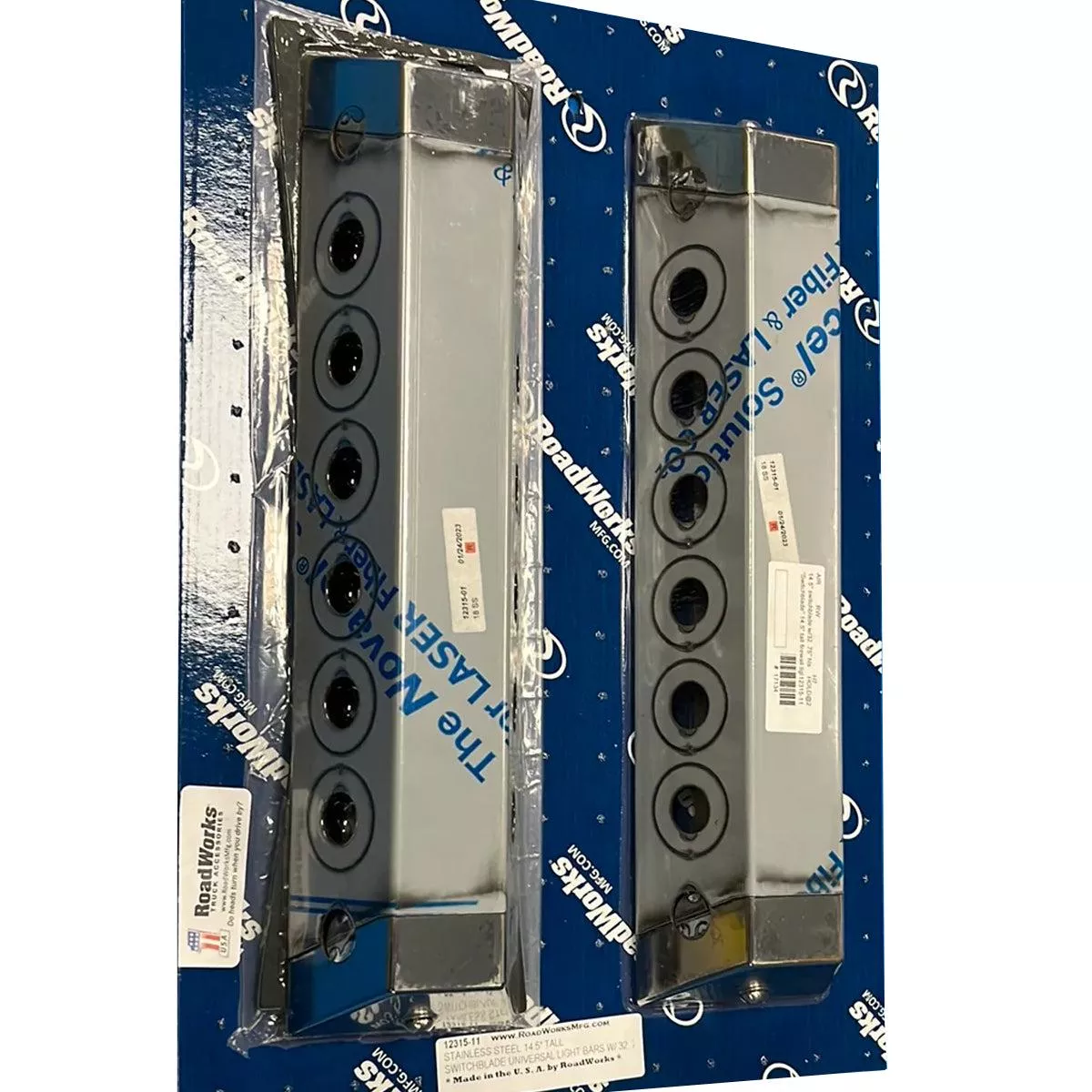 “Switchblade” 14.5″ Tall Firewall Light Bars w/32 Bullseye/Button 3/4″ Light Holes (Pair)