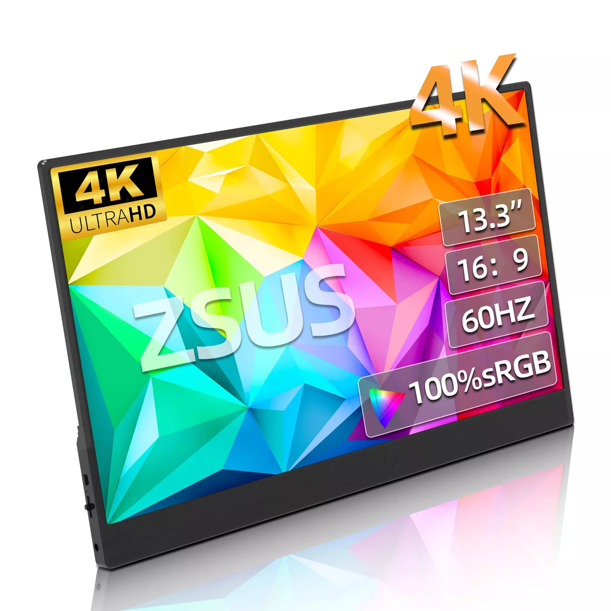 ZSUS 13-inch 4K Portable Monitor – 3840×2160 UHD Display, 60Hz Refresh Rate, HDR10, Built-in Speakers, Mini HDMI & Type-C, Compatible with Laptop/PC/Console